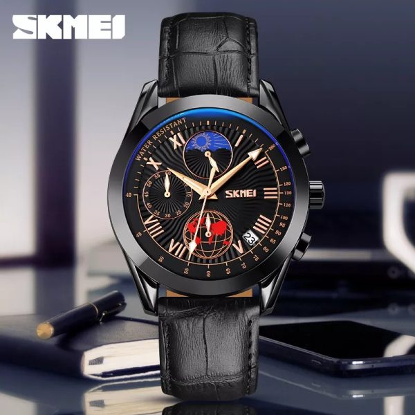 SKMEI 9236 Creative Moonphase Multifunction Date Display Leather Strap Watch For Men - Black - Image 2