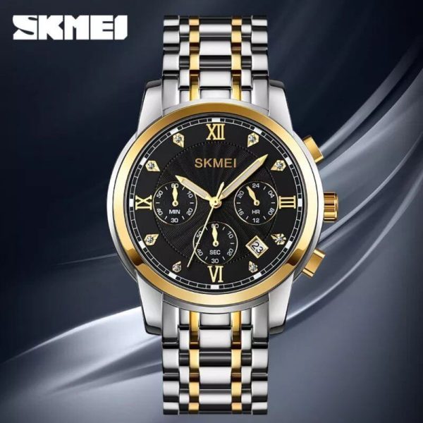 SKMEI 1904 Men's Business Chronograph Quartz Movement Date Display Diamond Stainless Steel Wristwatch - Black/Silver - Image 2