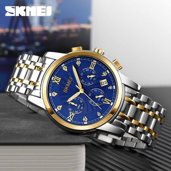 SKMEI 1904 Men's Business Chronograph Quartz Movement Date Display Diamond Stainless Steel Wristwatch - Blue/Silver - Image 3