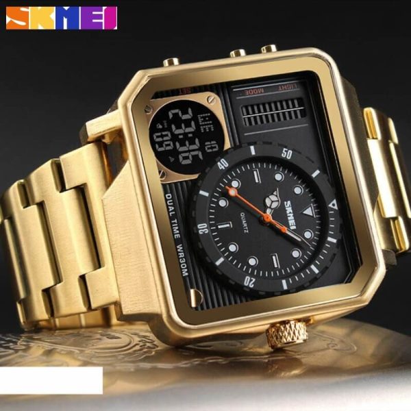 SKMEi 1392 Multifunction Digital Analog Square Stainless Steel Fashion Watch For Men - Golden - Image 2