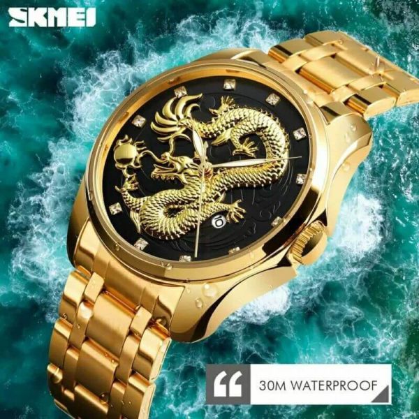 SKMEI 9193 Dragon Quartz Luxury Stainless Steel Alloy Business Waterproof Wristwatches For Men - Black/Golden - Image 2