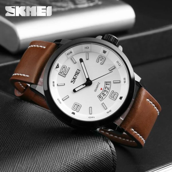 SKMEI 9115 Men's Casual Date Display Leather Strap Luminous Quartz Watch - White/Brown - Image 2