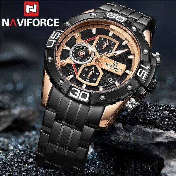 NAVIFORCE NF8018 Modern Casual Design Multi-function Stainless Chronograph Watch For Men  - Rosegold/Black - Image 3