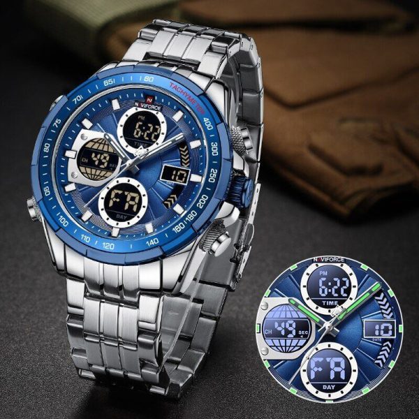 NAVIFORCE NF9197  Men's Business Stainless Steel Day Date Function Analog Digital Wristwatch - Blue/Silver - Image 3