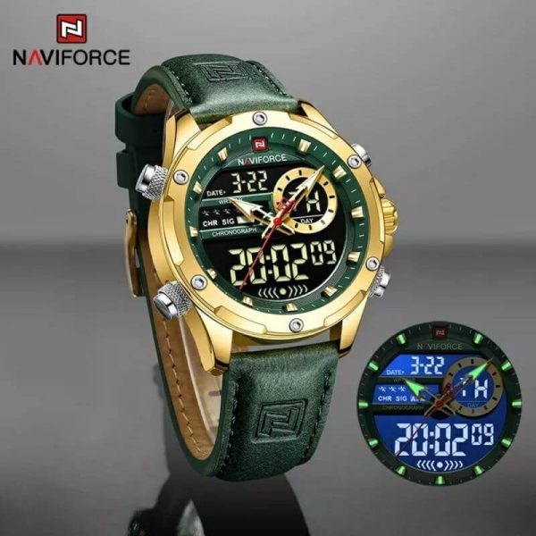 NaviForce NF9208 Men's Dual Display LCD Leather Strap Complete Calendar Wristwatch - Golden/Green - Image 2