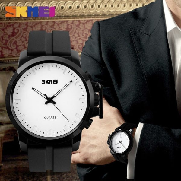 SKMEI 1208 Men's Business Style Simple Large Dial Waterproof Silicone Strap Quartz Watch - White/Black