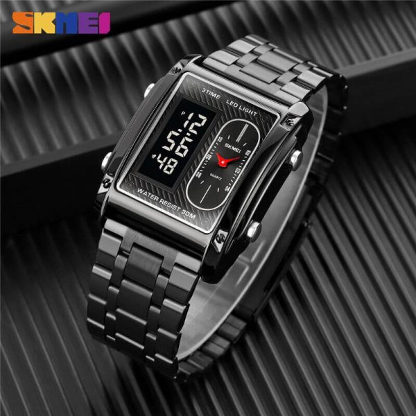 SKMEI 1868 Casual Rectangle Dial Digital Analog Luminous Stainless Steel Stopwatch For Men - Black - Image 2