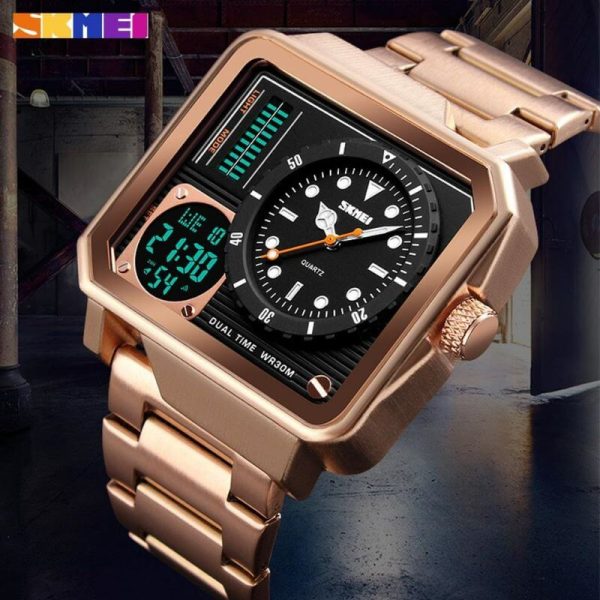 SKMEi 1392 Multifunction Digital Analog Square Stainless Steel Fashion Watch For Men - RoseGold - Image 2