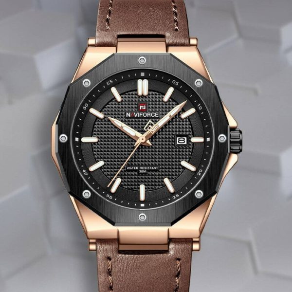 NaviForce NF9200 Men's Quartz Polygon Vogue Leather Strap Date Function Watch - Brown - Image 2