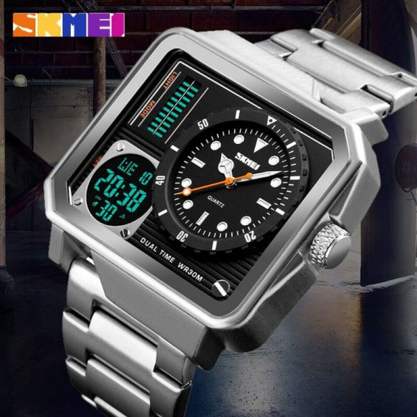 SKMEI 1392 Multifunction Digital Analog Square Stainless Steel Fashion Watch For Men - Silver - Image 3