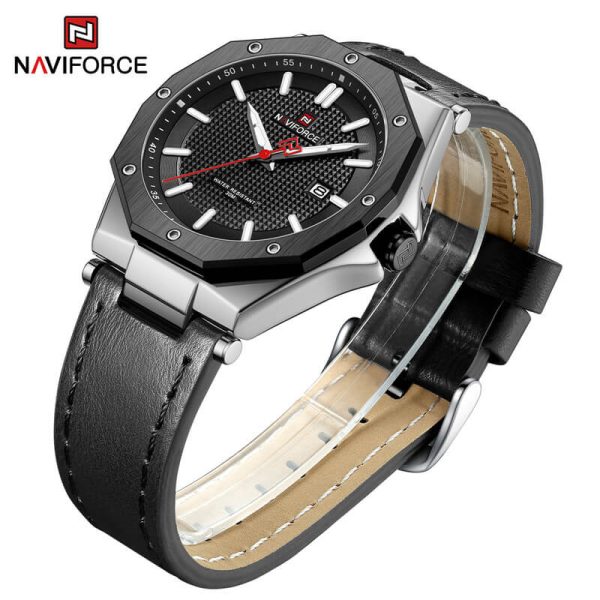 NaviForce NF9200 Men's Quartz Polygon Vogue Leather Strap Date Function Watch - Black