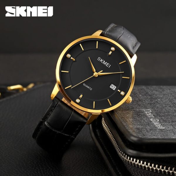 SKMEI 1801 Men's Business Calendar Leather Strap Classic Diamond Quartz Watch - Black/Golden - Image 2