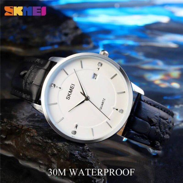 SKMEI 1801 Men's Business Calendar Leather Strap Classic Diamond Quartz Watch - Black/Silver - Image 3