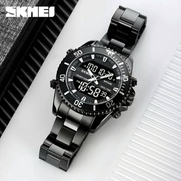 SKMEI 1850 Multifunction 3Time Analog Digital Stainless Steel watch For Men - Black - Image 3