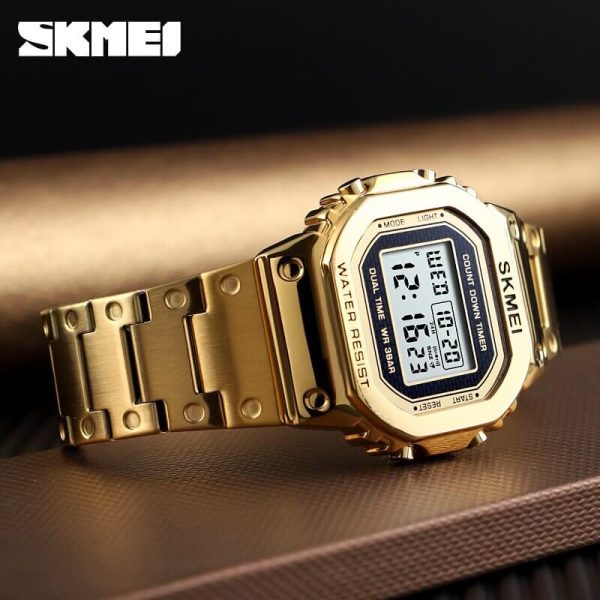 SKMEI 1456 Men's Stainless Steel Countdown Time Zone Waterproof LED Electronic Digital watch - Golden - Image 3