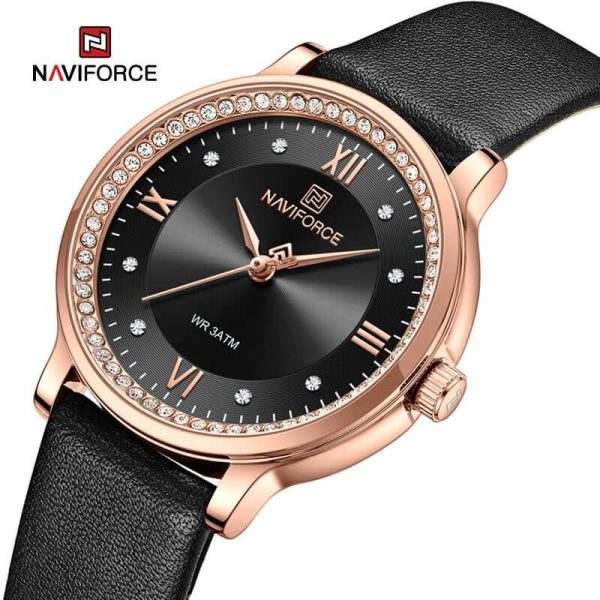 Naviforce NF5036 Classic Rhinestone Surrounded Leather Strap Roman Numeral Watch For Women - Black