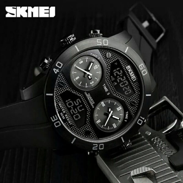 SKMEI 1355  Men's Chronograph Multifunction 3Time Display Analog Digital PU Strap Watch - Black - Image 4