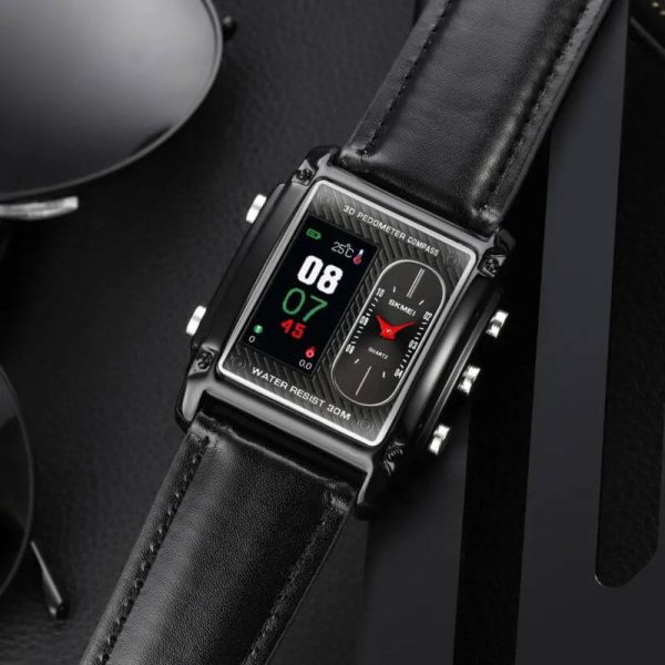 SKMEI 1868 Casual Rectangle Dial Digital Analog Luminuos Leather Strap Stopwatch For Men - Black - Image 2