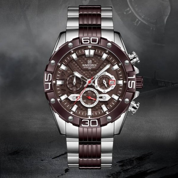 NAVIFORCE NF8019 Men's Stainless Steel Multifunction Luminous Chronograph Quartz Watch  - Coffee/Silver - Image 2