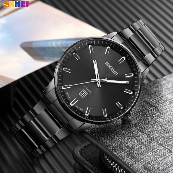 SKMEI 1878 Casual Date Display Stainless Steel Quartz Wristwatch For Men - Black - Image 3