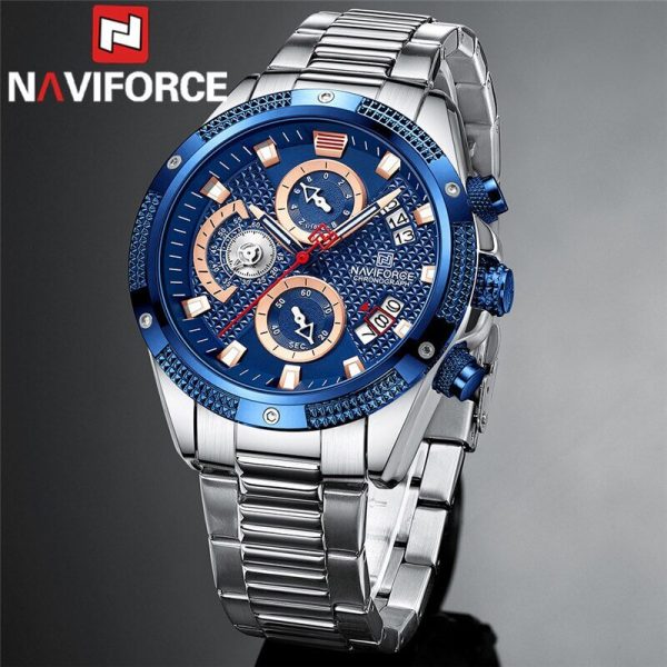 NaviForce NF8021 Men's Multifunction Date Display Stainless Steel With Luminous Hands Chronograph Watch - Blue/Silver - Image 3