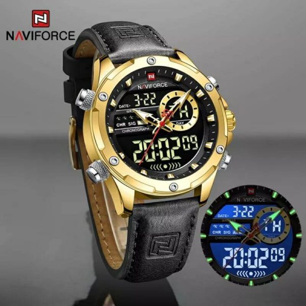 NaviForce NF9208 Men's Dual Display LCD Leather Strap Complete Calendar Wristwatch - Golden/Black - Image 2