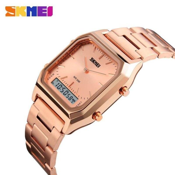 SKMEI 1220 Double Time Digital Analog Stainless Steel Watch - RoseGold