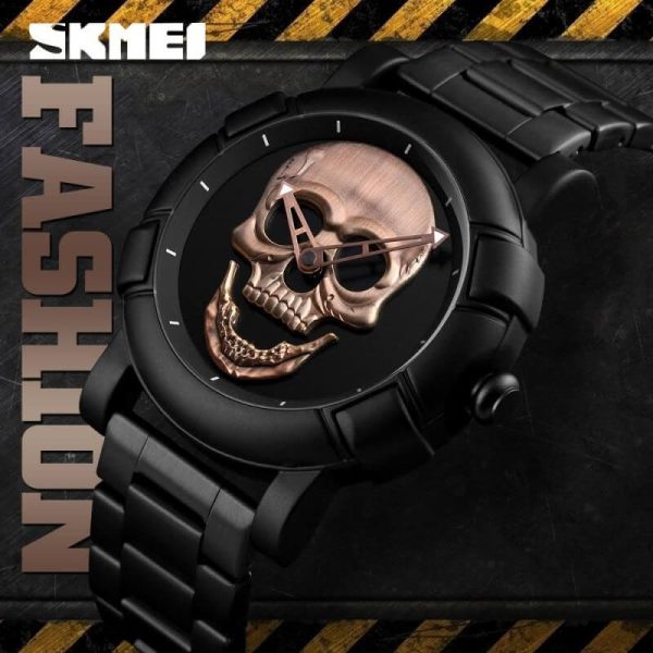 SKMEI 9178 Men Fashion Skull Creative Stainless Steel Quartz Wristwatch - Black/RoseGold