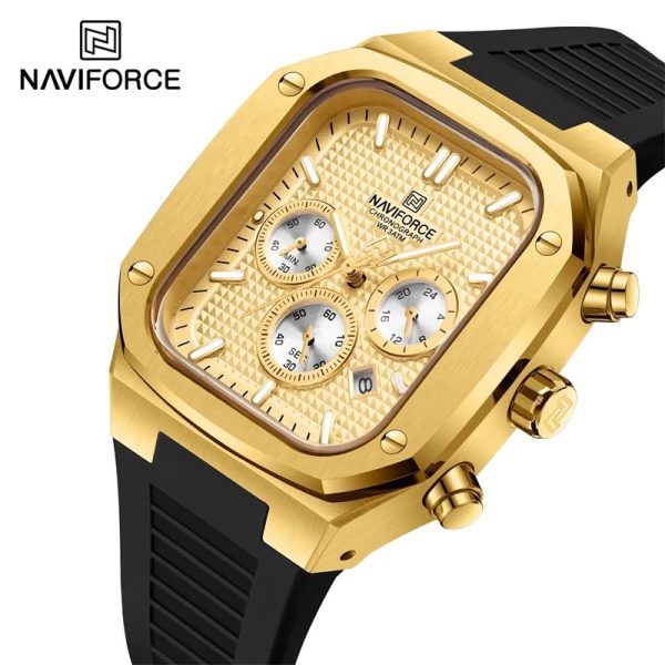 NaviForce NF8037 Classic Square Chronograph Date Display Luminous Silicon Strap Watch For Men - Golden