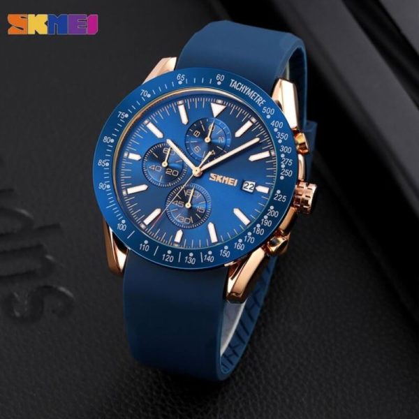 SKMEI 9253 Men's Top Luxury Chronograph Multifunction Silicone Strap Quartz Movement Watch - RoseGold/Blue - Image 2