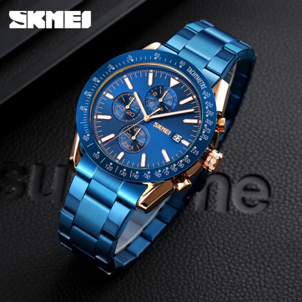 SKMEI 9253 Men's Top Luxury Chronograph Multifunction Stainless Steel Quartz Movement Watch - RoseGold/Blue - Image 3