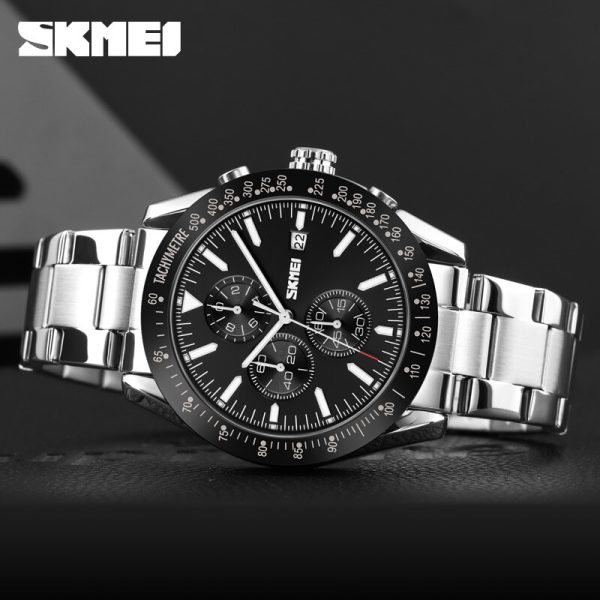 SKMEI 9253 Men's Top Luxury Chronograph Multifunction Stainless Steel Quartz Movement Watch - Black/Silver - Image 2