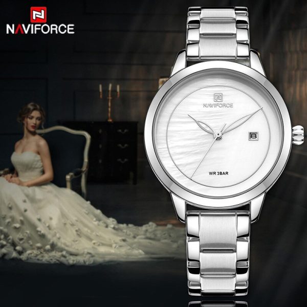 NaviForce NF5008 Date Function Marble Finish Luxury Quartz Watch For Women - Silver - Image 2