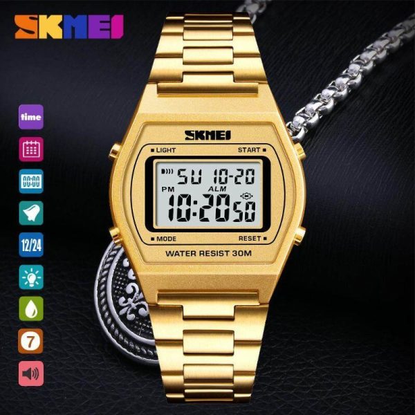 SKMEI 1328 Fashion Classic Unisex Count Down Waterproof Stainless Steel Digital LCD Alarm Clock Hours Watch - Golden - Image 2