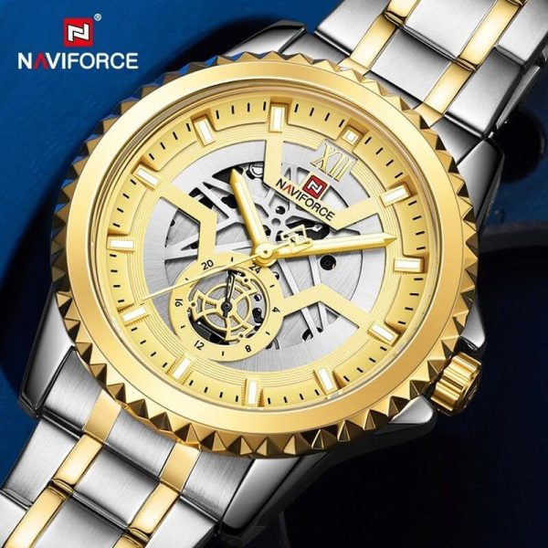 NAVIFORCE NF9186 Multifunction Stainless Steel Analog Wrist Watch For Men - Golden/Silver - Image 2