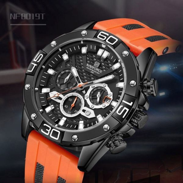 NAVIFORCE NF8019T Men's  Multifunction Luminous Silicone Strap Chronograph Quartz Watch - Black/Orange - Image 2