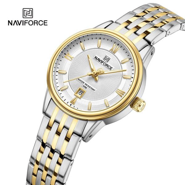 NaviForce NF8040 Classic Luxury Quartz Date Display Stainless Steel Watch For Women - White/Golden