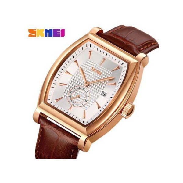 SKMEI 9306 Men's Luxury Business Slim Square Dial With Date Display Leather Strap Watch - Rosegold/Brown