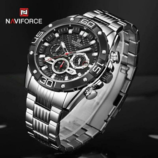 NAVIFORCE NF8019 Men's Stainless Steel Multifunction Luminous Chronograph Quartz Watch  - Black/Silver - Image 2