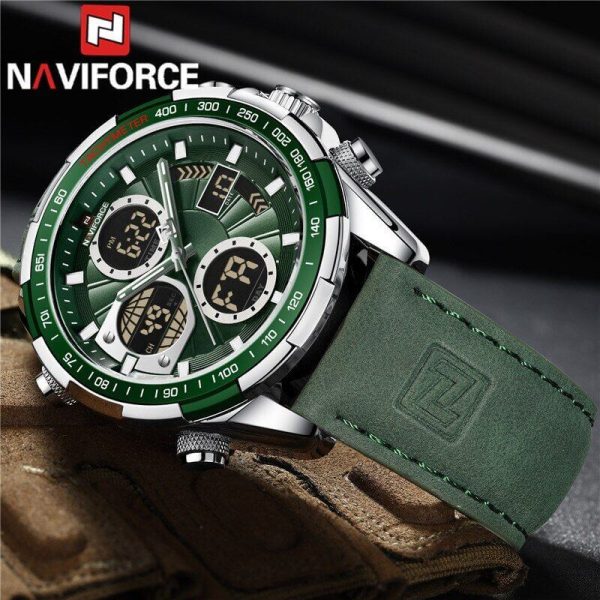 NAVIFORCE NF9197 Men's Business Day Date Function Analog Digital  Leather Strap  Wristwatch - Green - Image 3