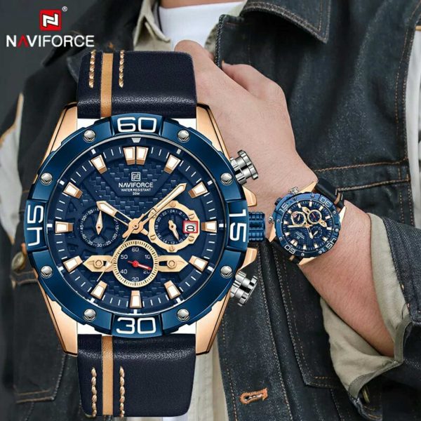 NAVIFORCE NF8019 Men's Multifunction Luminous Chronograph Leather Strap Quartz Watch - Blue/Rosegold - Image 3