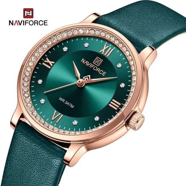 Naviforce NF5036 Classic Rhinestone Surrounded Leather Strap Roman Numeral Watch For Women - Green