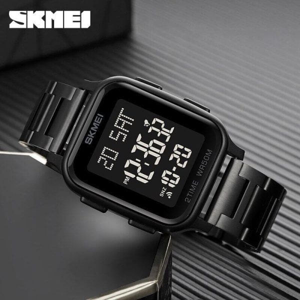 SKMEI 1859 Men's Luxury Stainless Steel Countdown LED Light Digital Waterproof  Watch - Black - Image 2