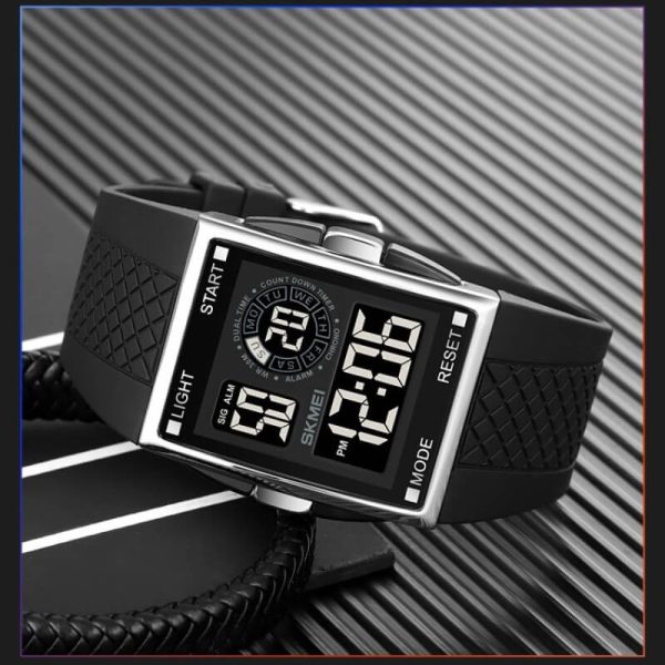 SKMEI 1967 Digital Movement Men's Military Silicone Strap Rectangle Dial Countdown LED Sport Watch - Black - Image 2