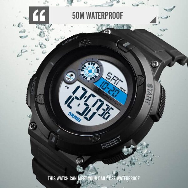 Skmei 1481 Digital Men Outdoor Sport New Brand 50M Waterproof 2 Time Alarm Clock Military Watch - Black/Blue - Image 3