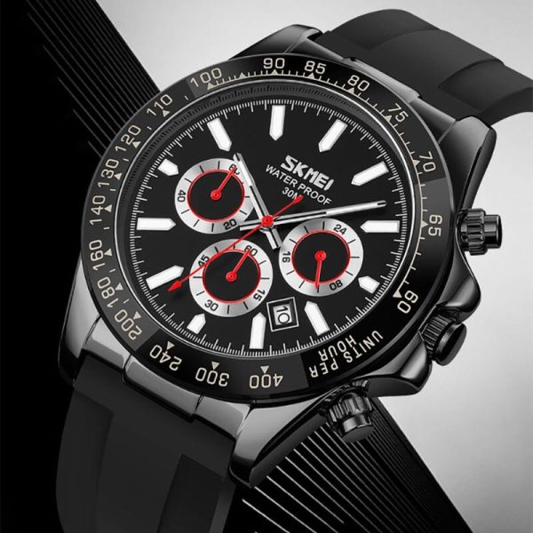 SKMEI 9275 Men's Business Chronograph Date Display Silicon Strap Quartz Watch - Black - Image 3