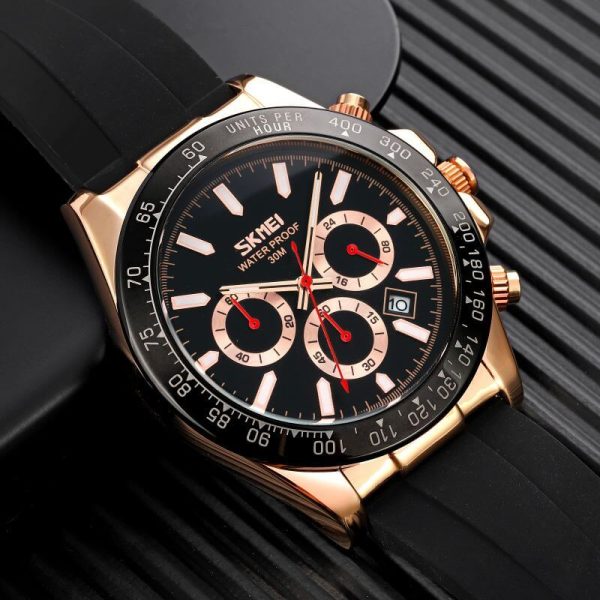 SKMEI 9275 Men's Business Chronograph Date Display Silicon Strap Quartz Watch - RoseGold/Black - Image 3