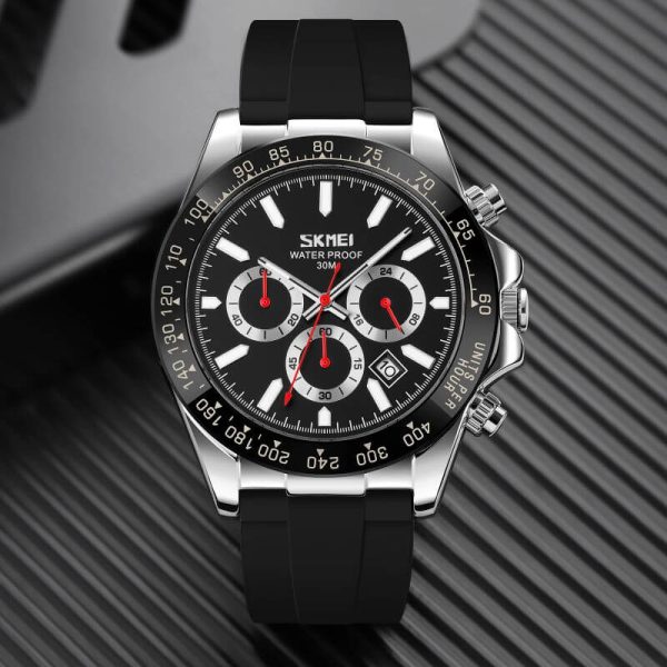 SKMEI 9275 Men's Business Chronograph Date Display Silicon Strap Quartz Watch - Silver/Black - Image 2