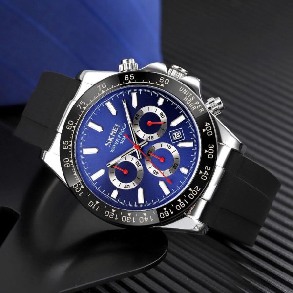 SKMEI 9275 Men's Business Chronograph Date Display Silicon Strap Quartz Watch - Silver/Blue - Image 3