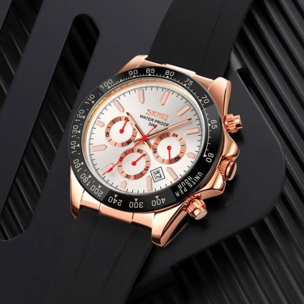 SKMEI 9275 Men's Business Chronograph Date Display Silicon Strap Quartz Watch - White/RoseGold - Image 2